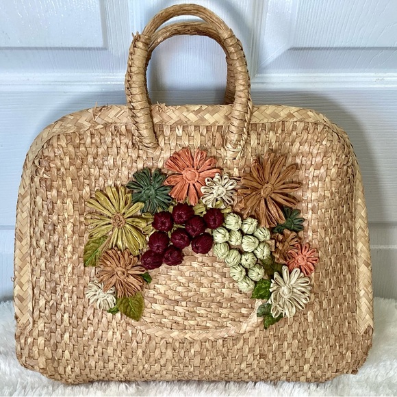 Vintage Handbags - Vintage MCM Straw Rafia Tote Bag Flower Basket 17”x15”